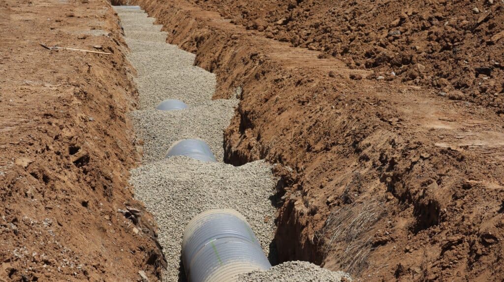 Open French drain trench with perforated pipe bedded in washed gravel, R & G Almanza drain installation Chicago